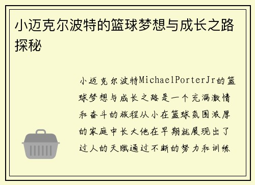 小迈克尔波特的篮球梦想与成长之路探秘