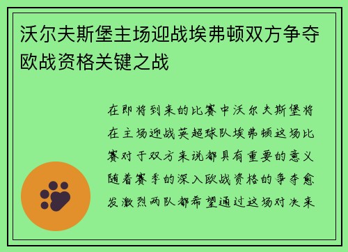沃尔夫斯堡主场迎战埃弗顿双方争夺欧战资格关键之战