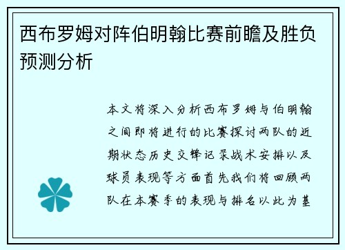 西布罗姆对阵伯明翰比赛前瞻及胜负预测分析