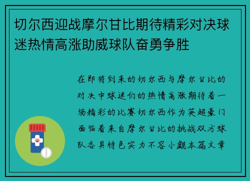 切尔西迎战摩尔甘比期待精彩对决球迷热情高涨助威球队奋勇争胜