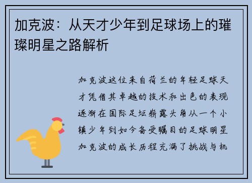 加克波：从天才少年到足球场上的璀璨明星之路解析