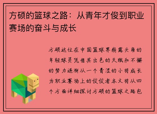 方硕的篮球之路：从青年才俊到职业赛场的奋斗与成长