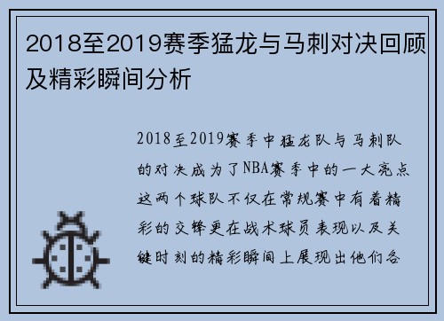 2018至2019赛季猛龙与马刺对决回顾及精彩瞬间分析