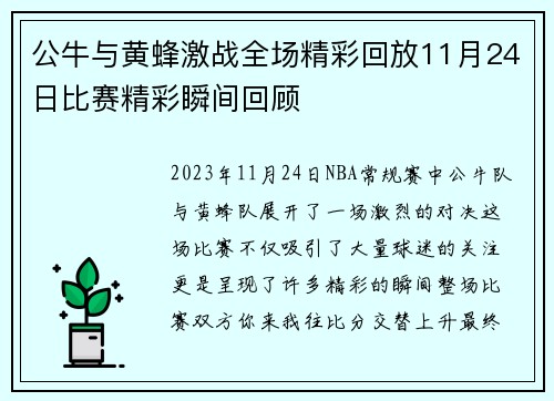 公牛与黄蜂激战全场精彩回放11月24日比赛精彩瞬间回顾