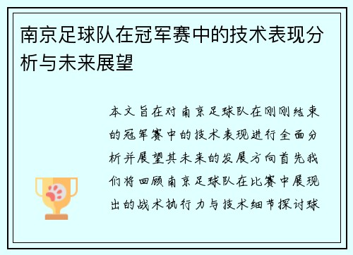 南京足球队在冠军赛中的技术表现分析与未来展望