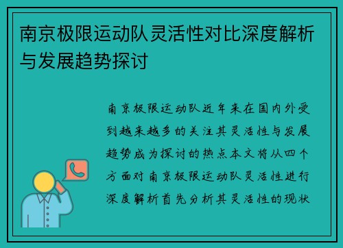 南京极限运动队灵活性对比深度解析与发展趋势探讨