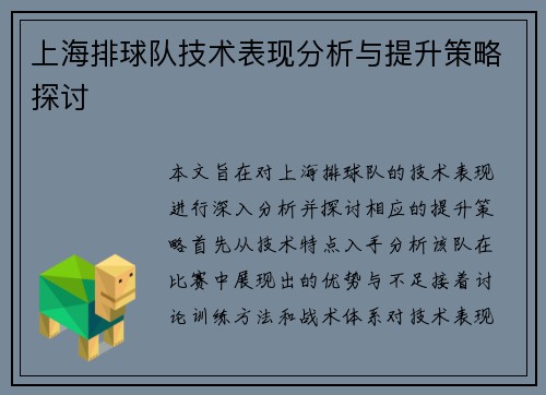 上海排球队技术表现分析与提升策略探讨
