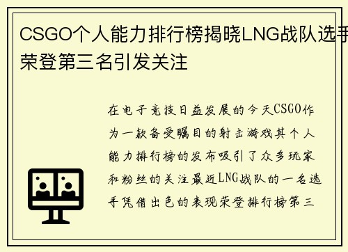 CSGO个人能力排行榜揭晓LNG战队选手荣登第三名引发关注