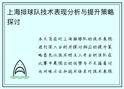 上海排球队技术表现分析与提升策略探讨