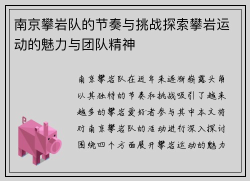 南京攀岩队的节奏与挑战探索攀岩运动的魅力与团队精神