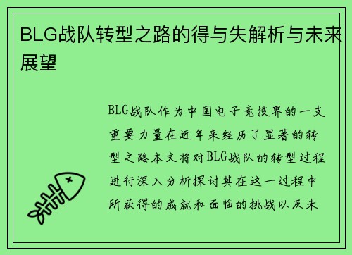 BLG战队转型之路的得与失解析与未来展望