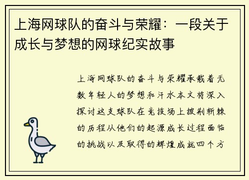上海网球队的奋斗与荣耀：一段关于成长与梦想的网球纪实故事