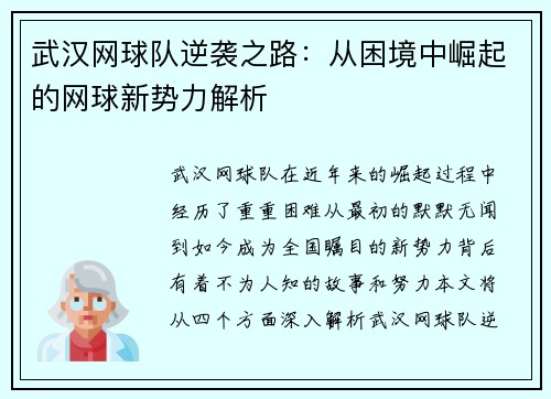 武汉网球队逆袭之路：从困境中崛起的网球新势力解析